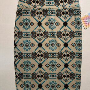 NWT LuLaRoe Small Cassie Pencil‎ Skirt Geometric Tan Black Teal (I)